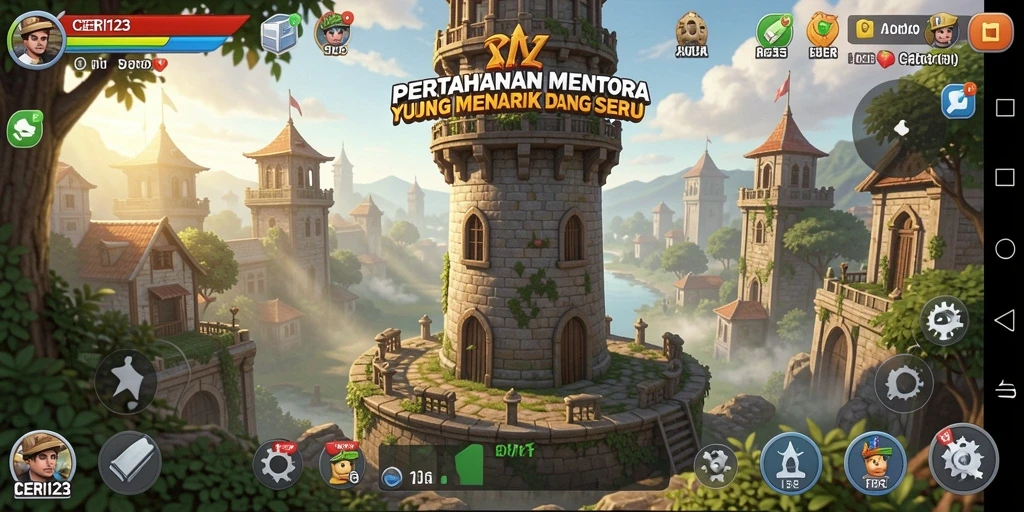 Tampilan screenshot CERI123 menunjukkan aksi menara melawan musuh dalam pertandingan.