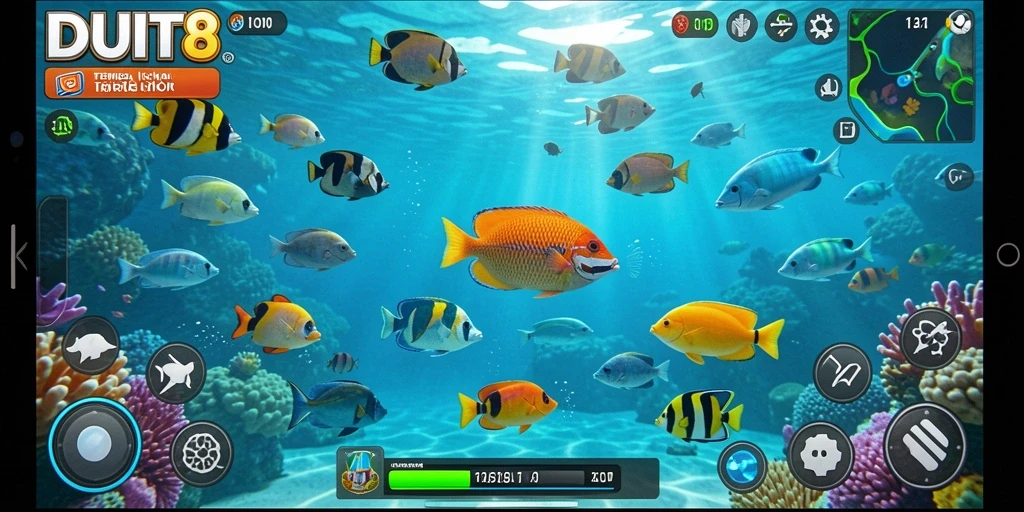 Screenshot gameplay DUIT8 menampilkan aksi seru menangkap ikan.