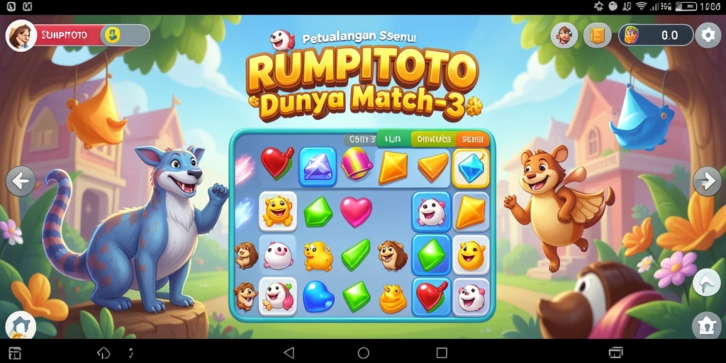 Menampilkan gameplay seru RUMPITOTO dengan tantangan Match-3.
