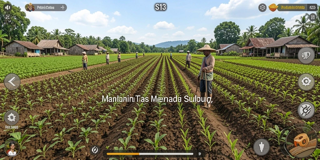 Screenshot gameplay S13 menunjukkan ladang hijau subur dan aktivitas pertanian.