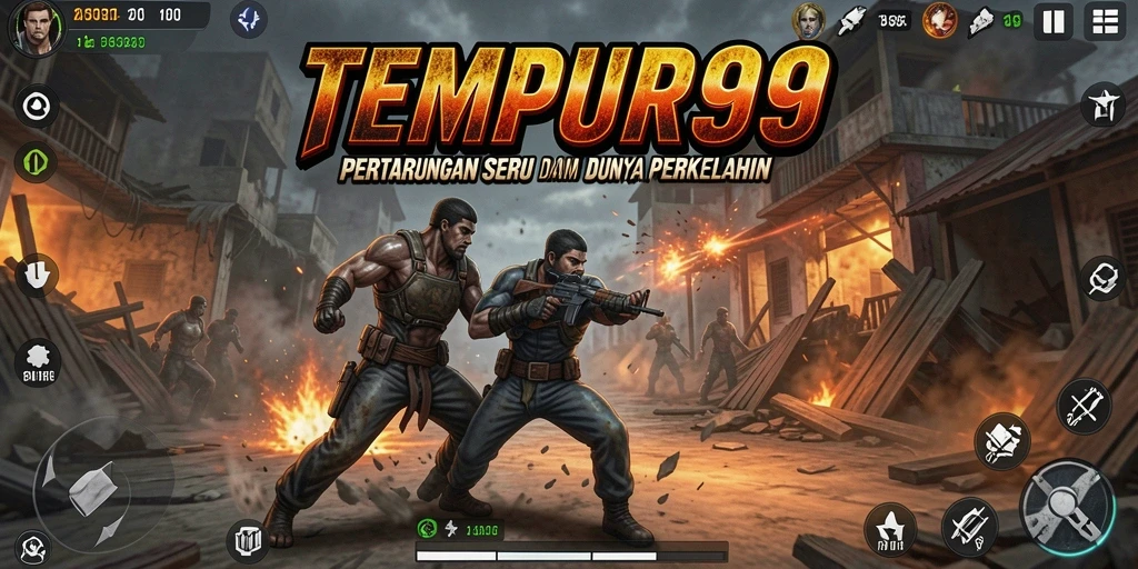 Tangkapan layar utama TEMPUR99 menampilkan aksi pertempuran yang mendebarkan.