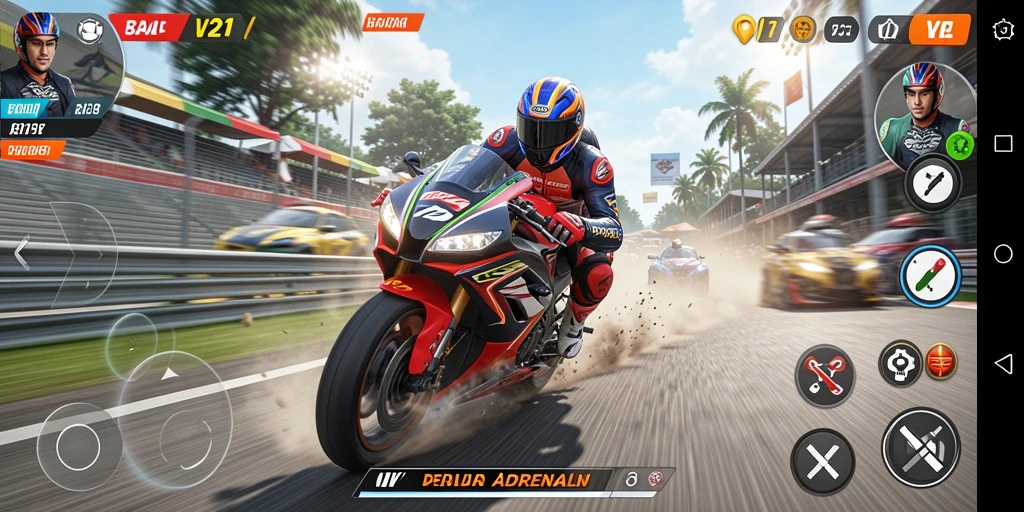 Screenshot V21 menampilkan aksi seru balapan motor di lintasan.