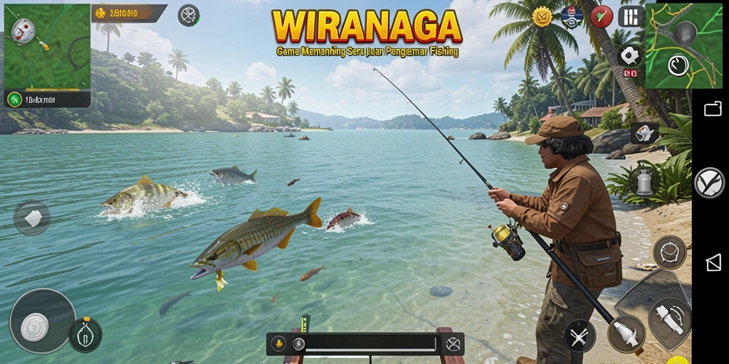 Screenshot gameplay WIRANAGA dengan pemandangan memancing yang indah.